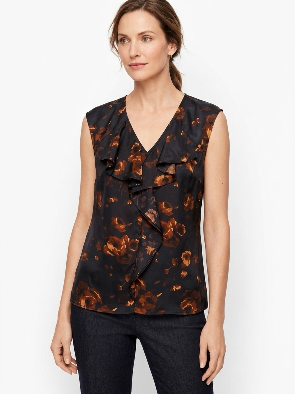 TALBOTS 100% Silk Neutral Floral Black Brown Ruffle Top (size 14)